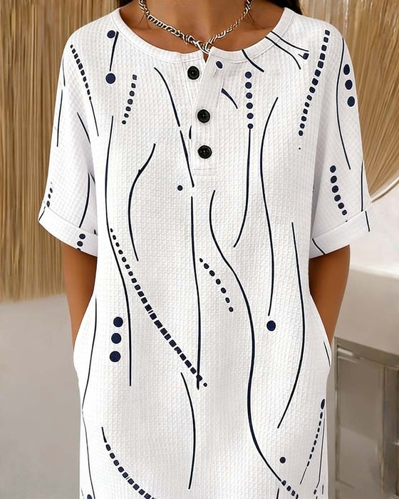 Kleid Rundhals Knopf Linie Waffel
