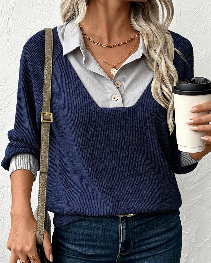 Knit Top Mit Kontrastierendem Kragen Langarm