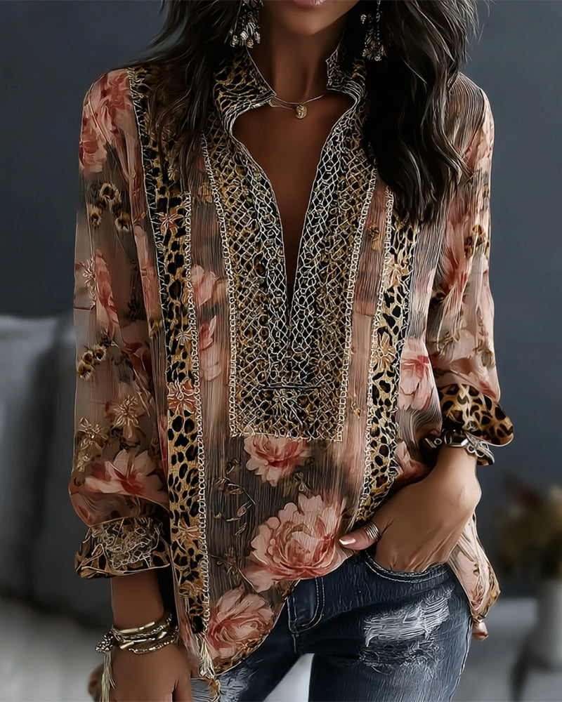 Bluse Blumig Leopard Langarm