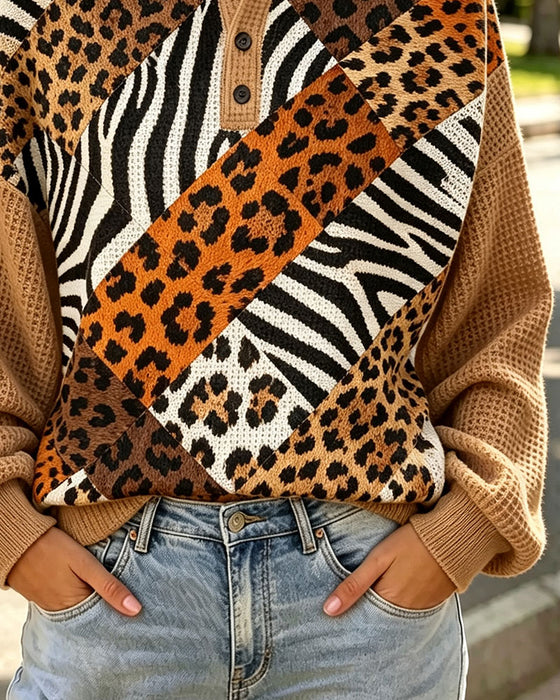 Sweatshirt Leopard Druck Patchwork Rundhals