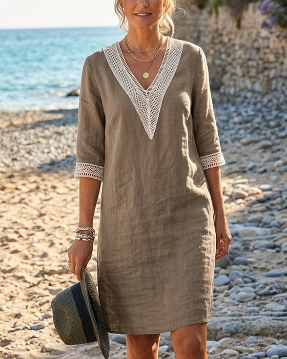 Kleid Dreiviertel Ärmel V-Ausschnitt Spitze Patchwork