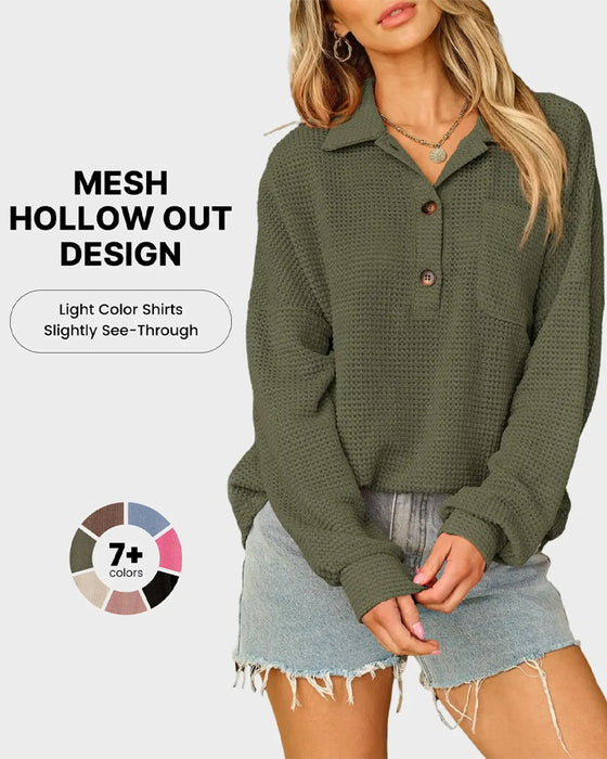 Bluse Unifarben Knopf-Leiste Locker Revers