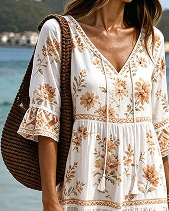 Kleid V-Ausschnitt Patchwork Blumig Urlaub