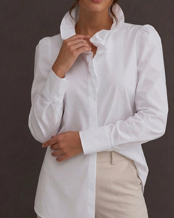 100% Baumwolle Bluse Rüsche Besatz Langarm Puffärmel
