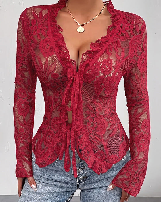 Bluse V-Ausschnitt Binden Spitze