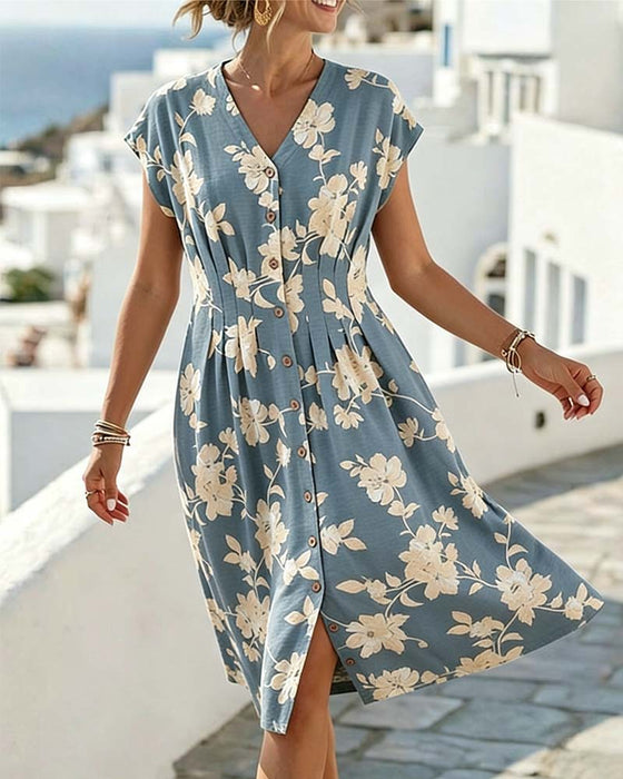 Kleid V-Ausschnitt Print Tailliert Knopfleiste