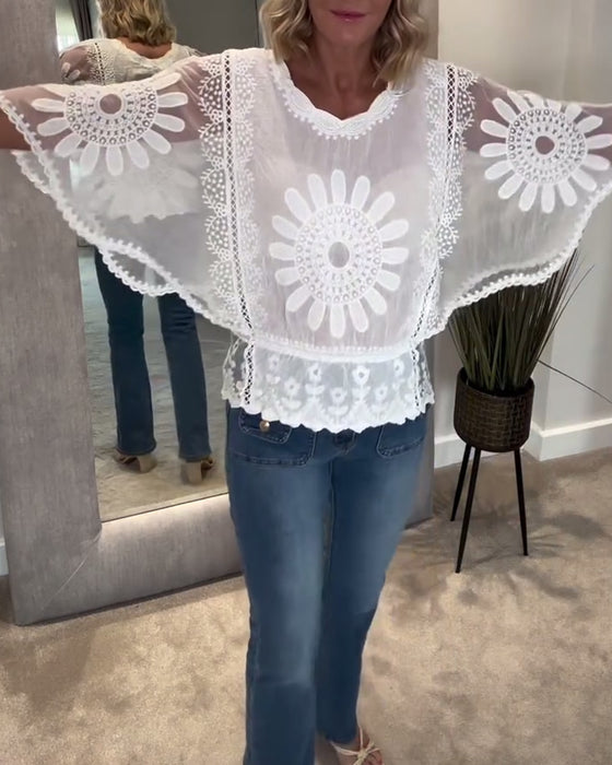 Bluse Bestickt Fledermaus Spitze