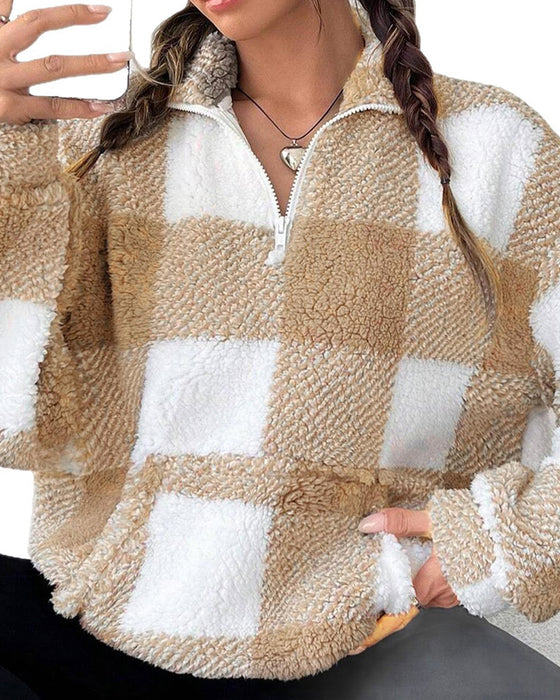 Sweatshirt Halb-Zip Stehkragen Karomuster