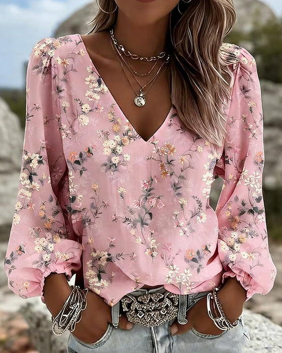 Bluse Floral V-Ausschnitt Puffärmel