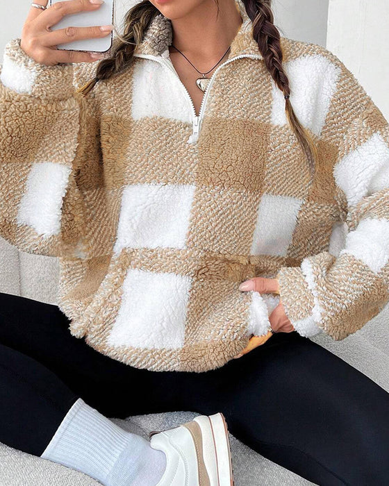 Sweatshirt Halb-Zip Stehkragen Karomuster