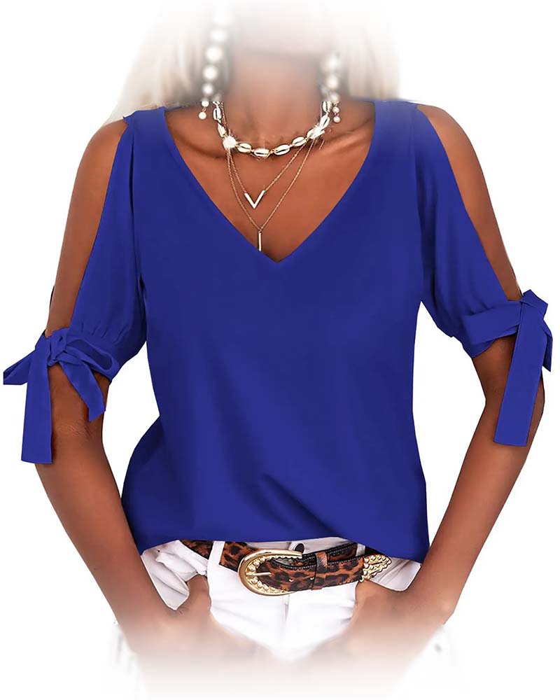 Bluse V-Ausschnitt Cold Shoulder Schleife Einfarbig