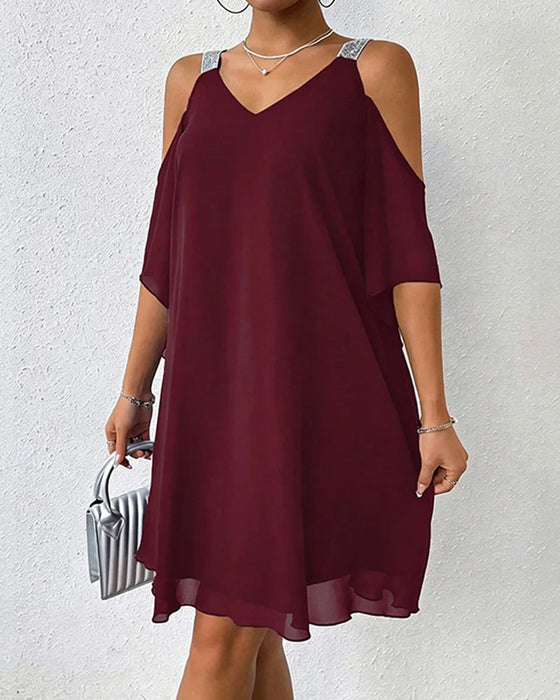 Kleid Paillette Schulterfrei Unifarben