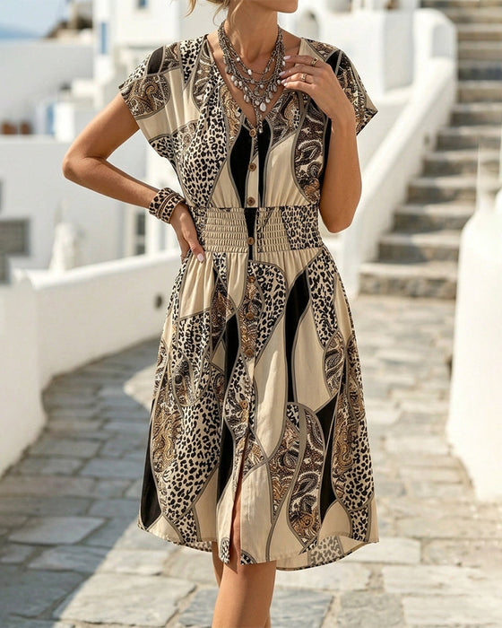 Kleid Leopardenmuster V-Ausschnitt Knopf Taille