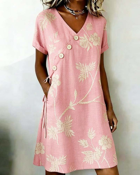 Kleid Diagonal Knopf Druck V-Ausschnitt Mini