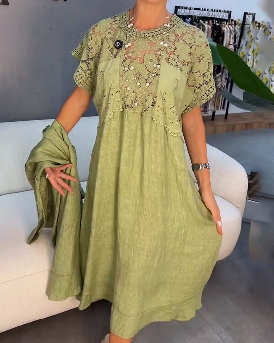 Kleid Elegant Spitzenbesatz Patchwork Maxi