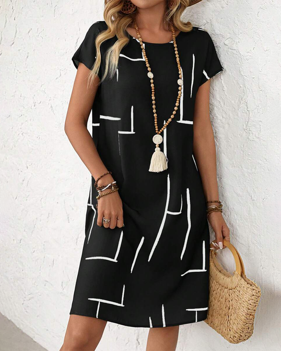Kleid Damen Sommer Lässig Druck Rundhals
