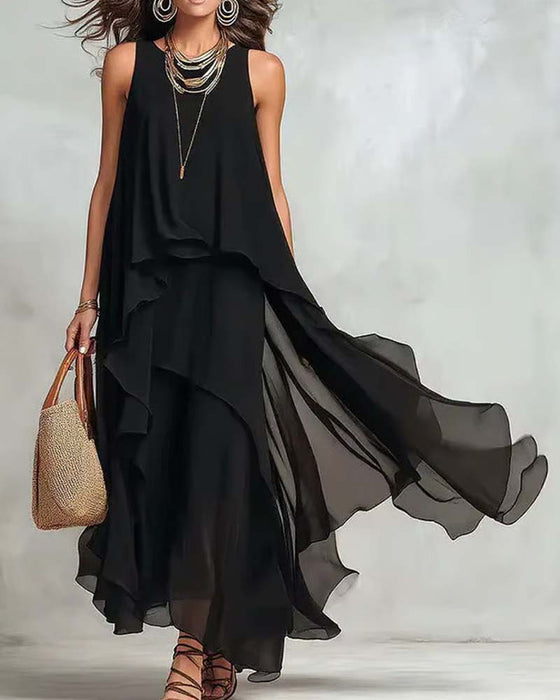 Kleid Rundhals Ärmellos Unregelmäßig