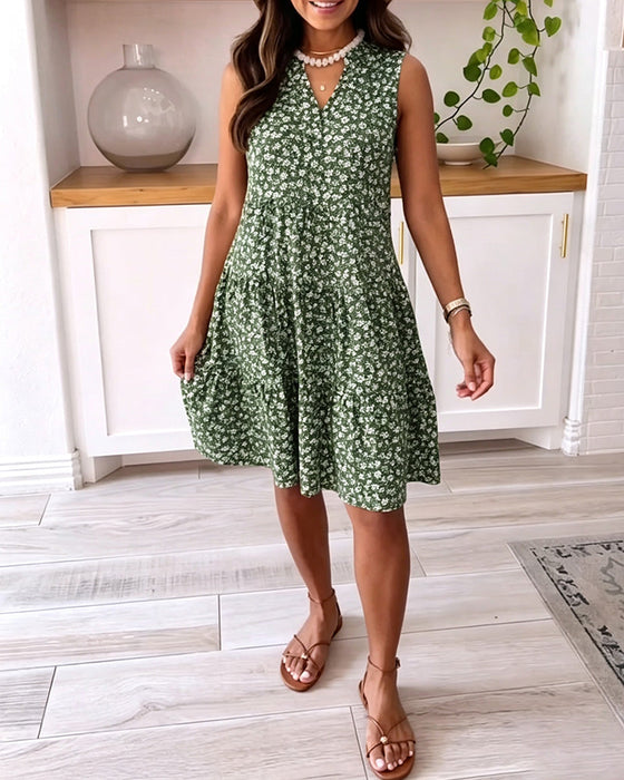 Kleid V-Ausschnitt Ärmellos Blumen A-Linie