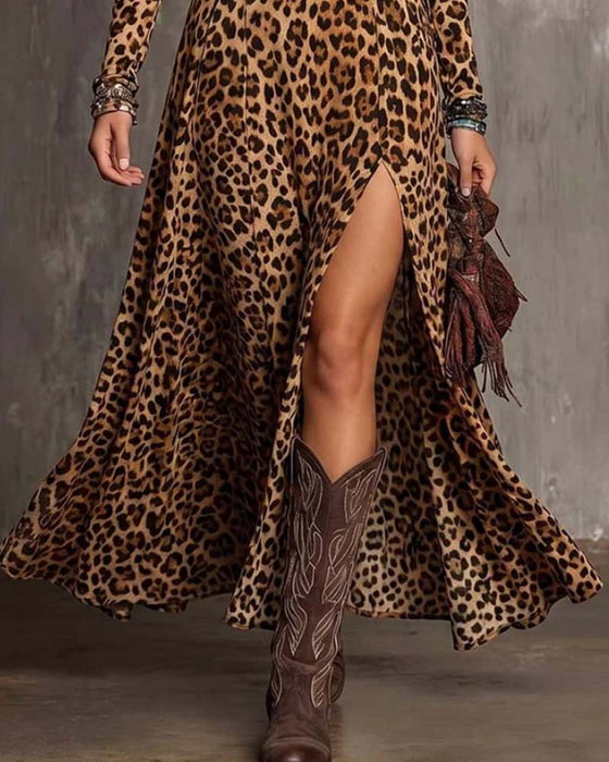 Kleid Leopardenmuster V-Ausschnitt Mit Schlitz