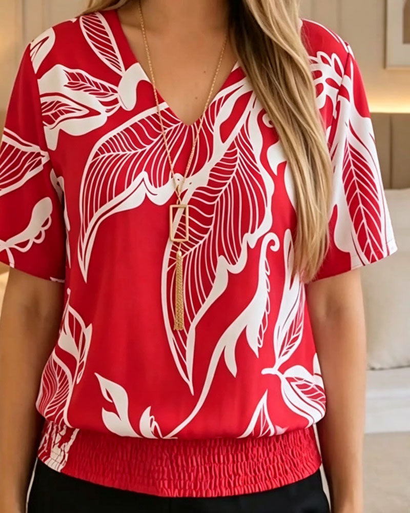 Bluse Blumenprint Gummizug Saum Kurzarm