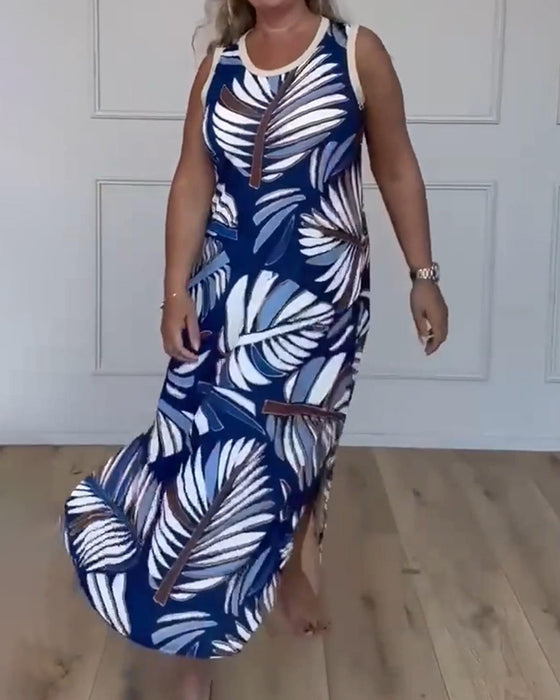 Kleid ärmellos Blattdruck Maxi