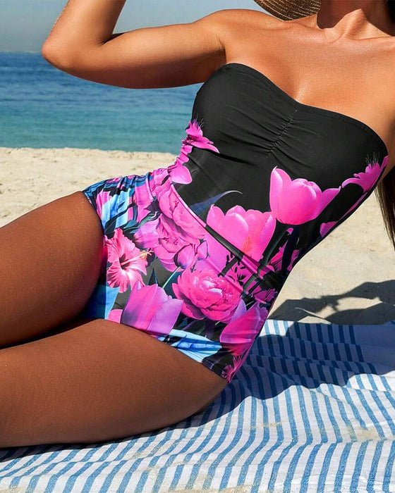 Badeanzug Bandeau Blumenmuster Einteiler