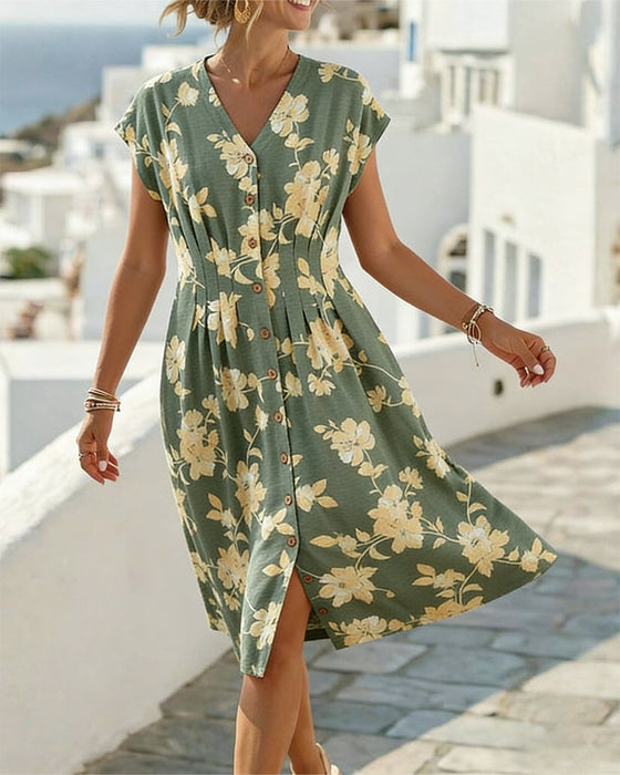 Kleid V-Ausschnitt Print Tailliert Knopfleiste