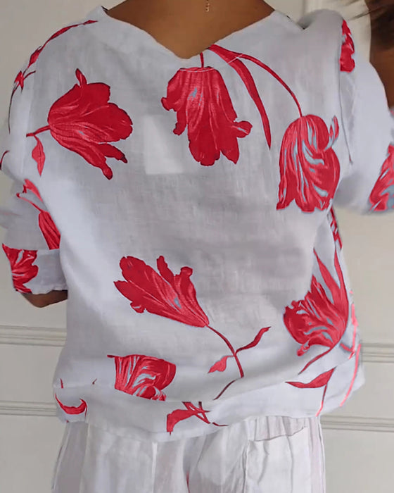 Button-Down-Oberteil aus Baumwolle und Leinen mit Blumendruck