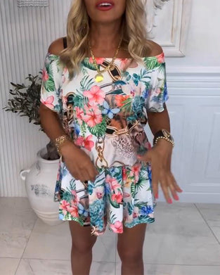 Jumpsuit Mit Pflanzen - und Blumenmustern, Einbandhals - Stil