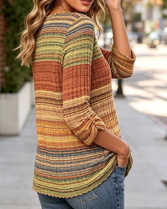 Top Vintage Gestreift Struktur Langarm