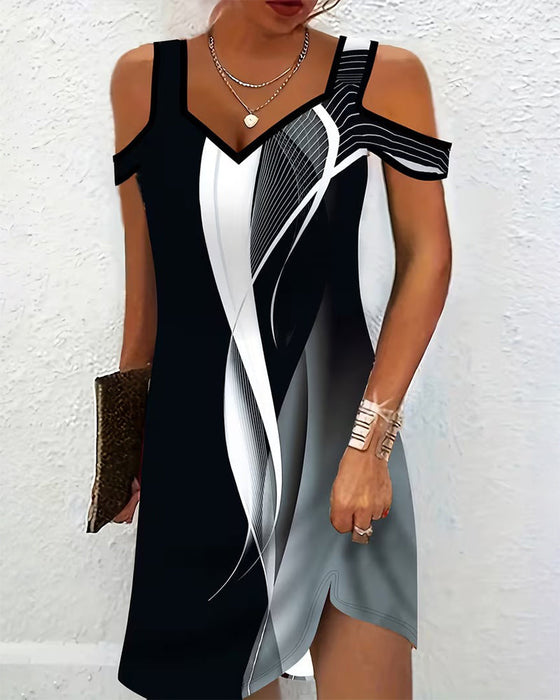 Kleid V-Ausschnitt Off-Shoulder Gestreift Schlitz