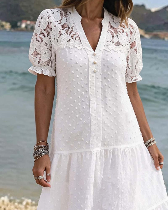 Kleid Puffärmel Spitze Resort