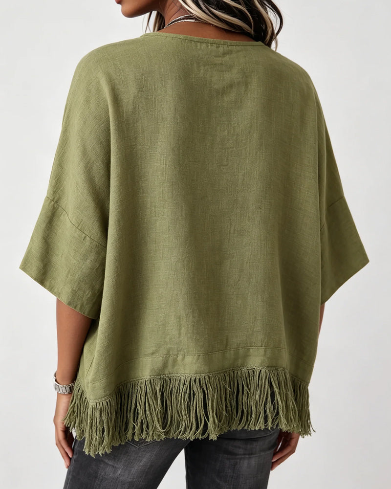 Bluse Rundhals Franse Ellenbogenlang Ärmel Uni
