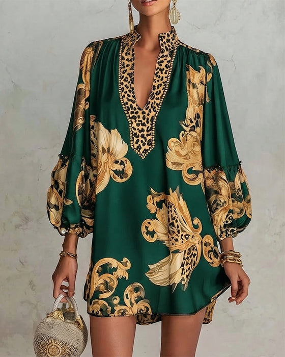 Kleid Leopard Laterne Ärmel Stehkragen Druck