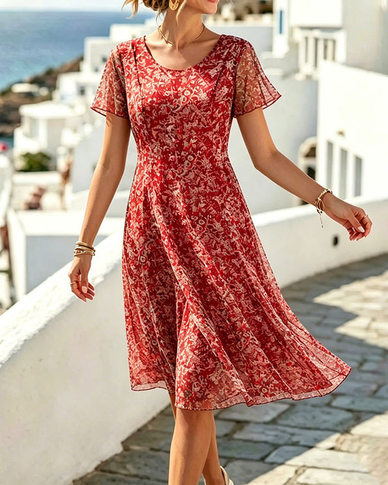 Kleid Blumig Kurzarm A-Linie
