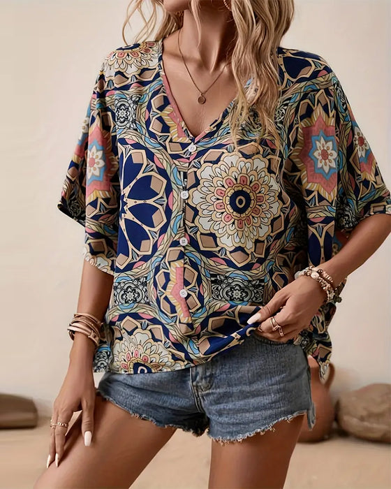 Bluse mit halblangen knöpfen, v-ausschnitt und retro-print