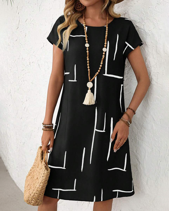 Kleid Damen Sommer Lässig Druck Rundhals