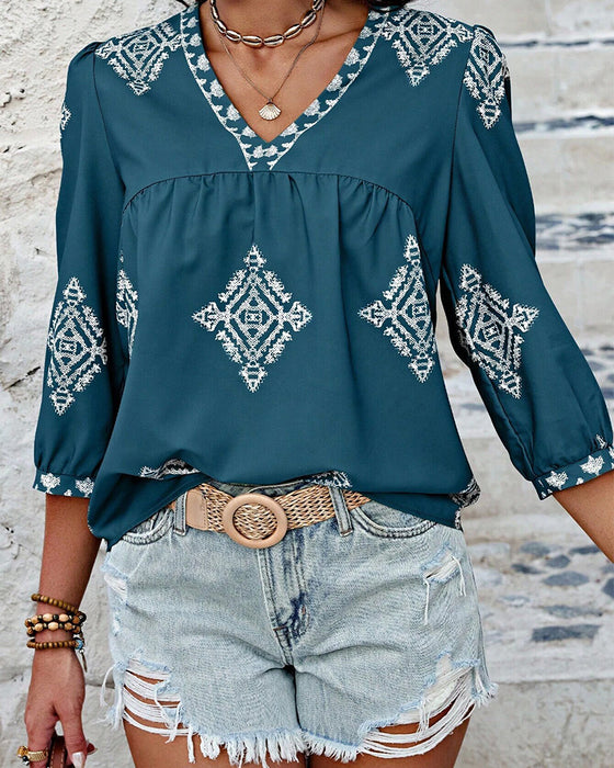 Bluse mit V-Ausschnitt Diamantmuster Dreiviertelärmel