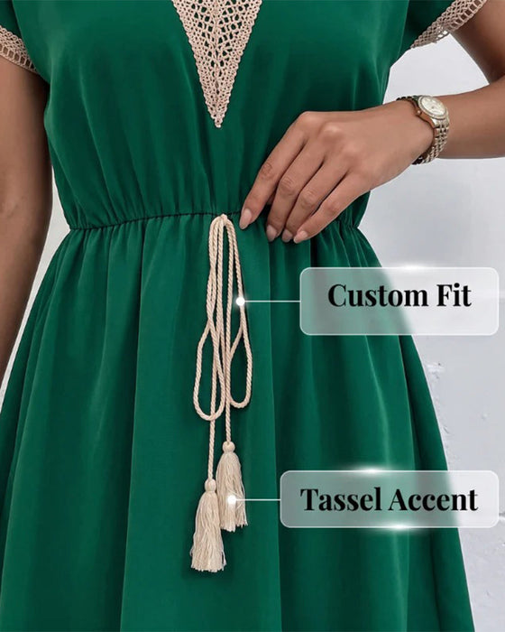 Kleid Frühling-Herbst V-Ausschnitt Spitzenbesatz Figurbetonte Taille