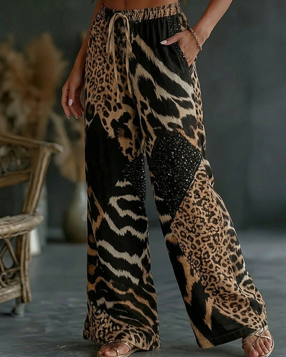 Hose Leoparden Druck Patchwork Weites Bein Casual
