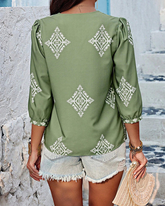 Bluse mit V-Ausschnitt Diamantmuster Dreiviertelärmel