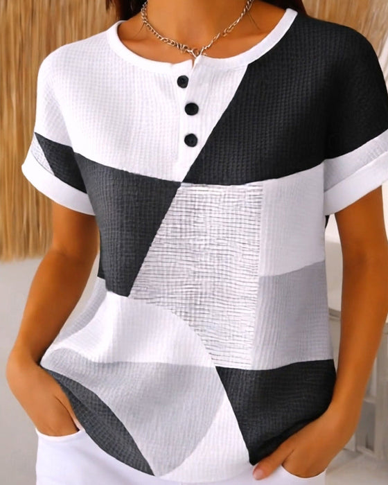 Bluse Rundhals Knopf Farbblock Waffel