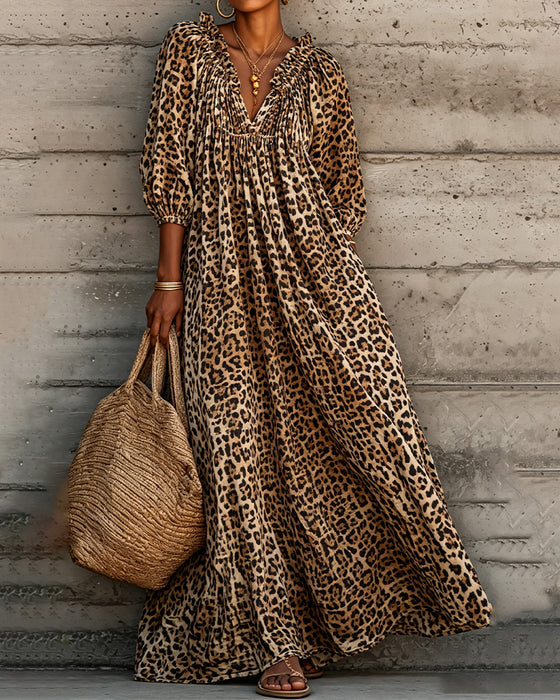 Kleid Leopard Druck V-Ausschnitt Puff Ärmel