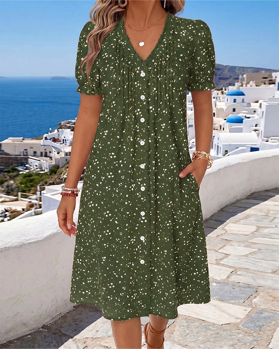 Kleid Blumenmuster V-Ausschnitt Knopfleiste vorne