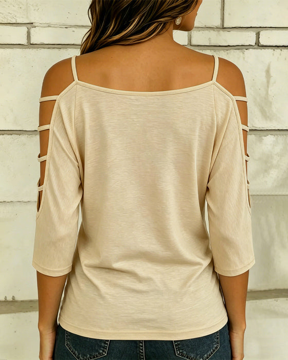 T-Shirt Uni Farbe Ellenbogenlang Ärmel Off-Shoulder