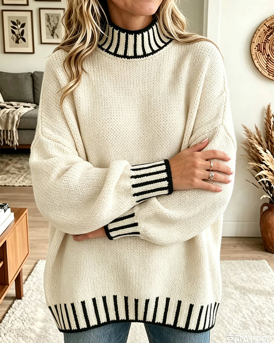 Pullover Kontrast Gestreift Rollkragen Locker