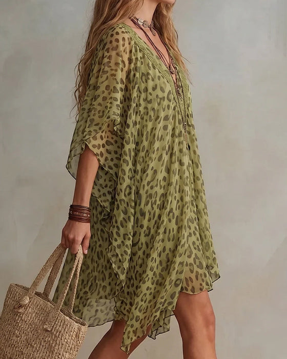 Kleid Unregelmäßig V-Ausschnitt Leopard
