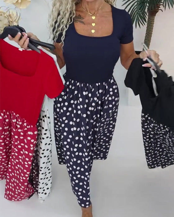 Kleid Quadratischer Ausschnitt Polka Dot Patchwork