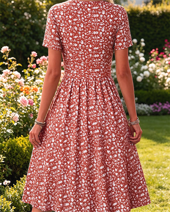 Kleid V-Ausschnitt Kurzarm Kleine Blumen