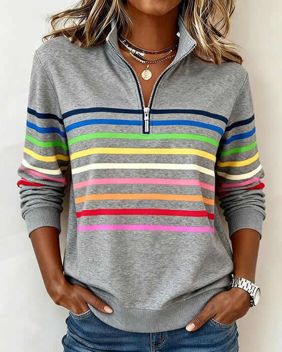 Modisches Sweatshirt Mit Halbem Reißverschluss Und Regenbogenstreifen